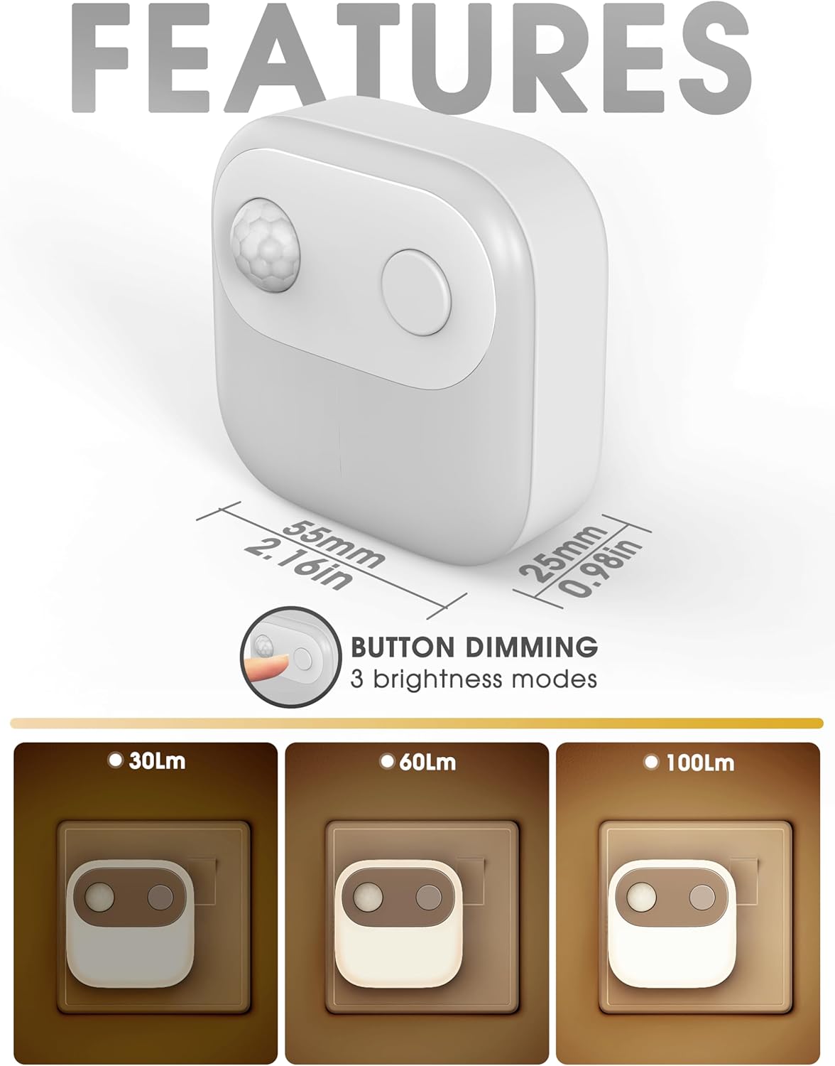 Light dimmer switch with button dimming feature and brightness modes on a white background