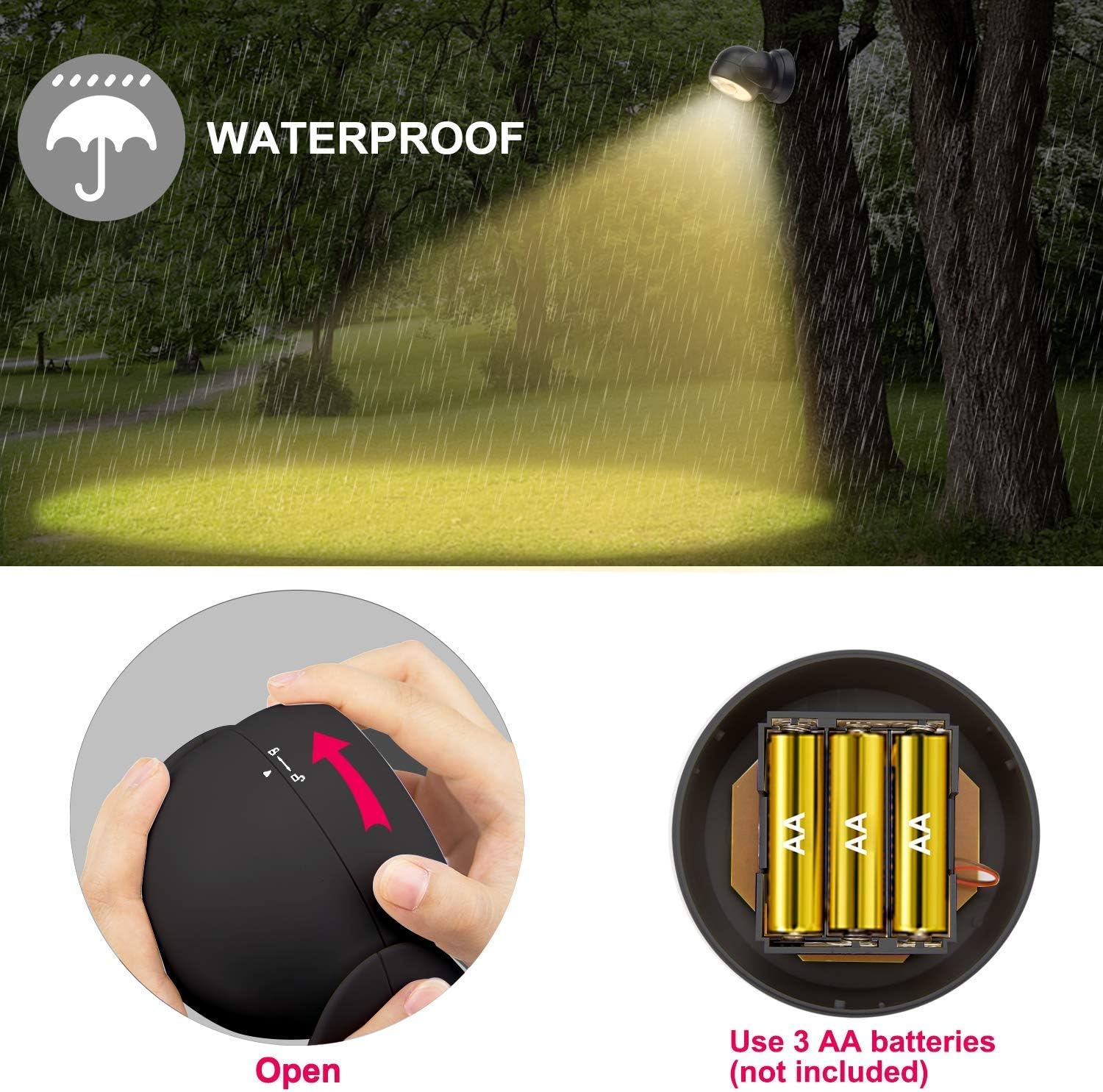 Light emitting device with waterproof feature, held by a hand, and showing batteries inside.