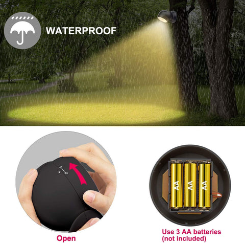 Light emitting device with waterproof feature, held by a hand, and showing batteries inside.