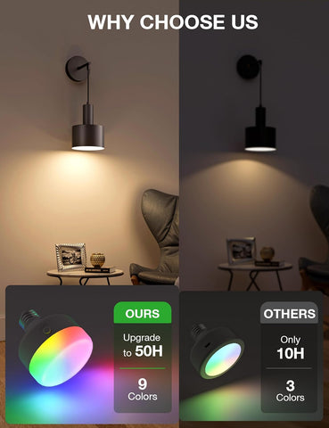 Light fixture comparison with 'Ours' upgrade to 50 hours and 9 colors, versus 'Others' with 10 hours and 3 colors.