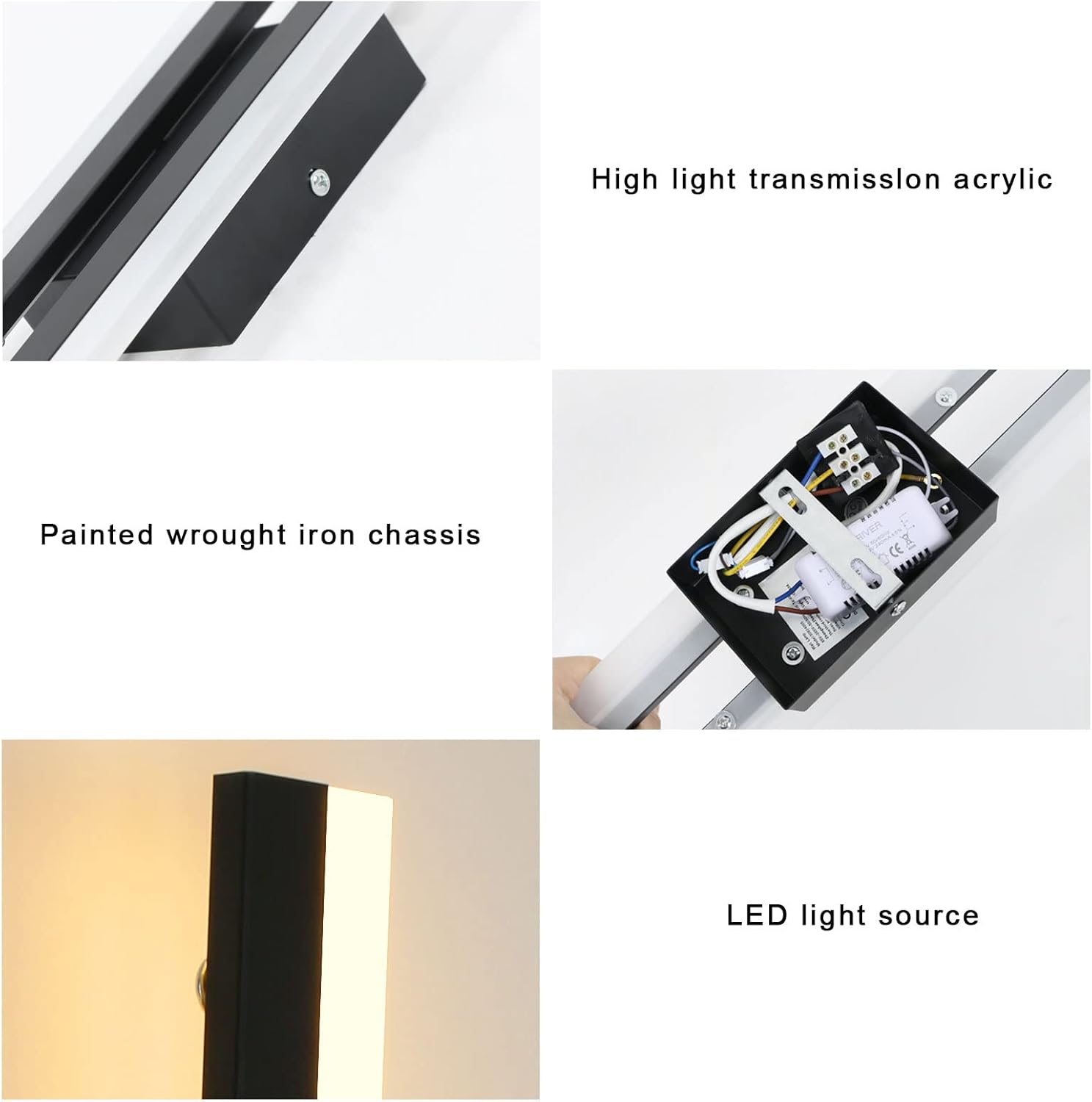 Light fixture components including high light transmission acrylic, painted wrought iron chassis, and LED light source.