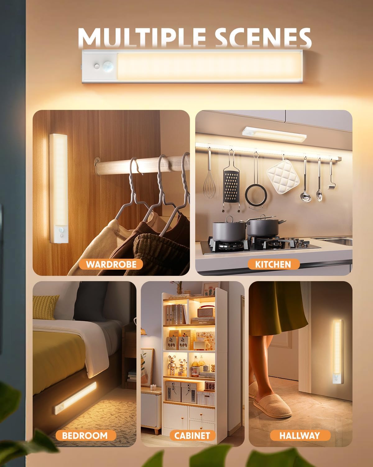 Light fixture demonstrating its use in various indoor settings including a wardrobe, kitchen, bedroom, cabinet, and hallway.