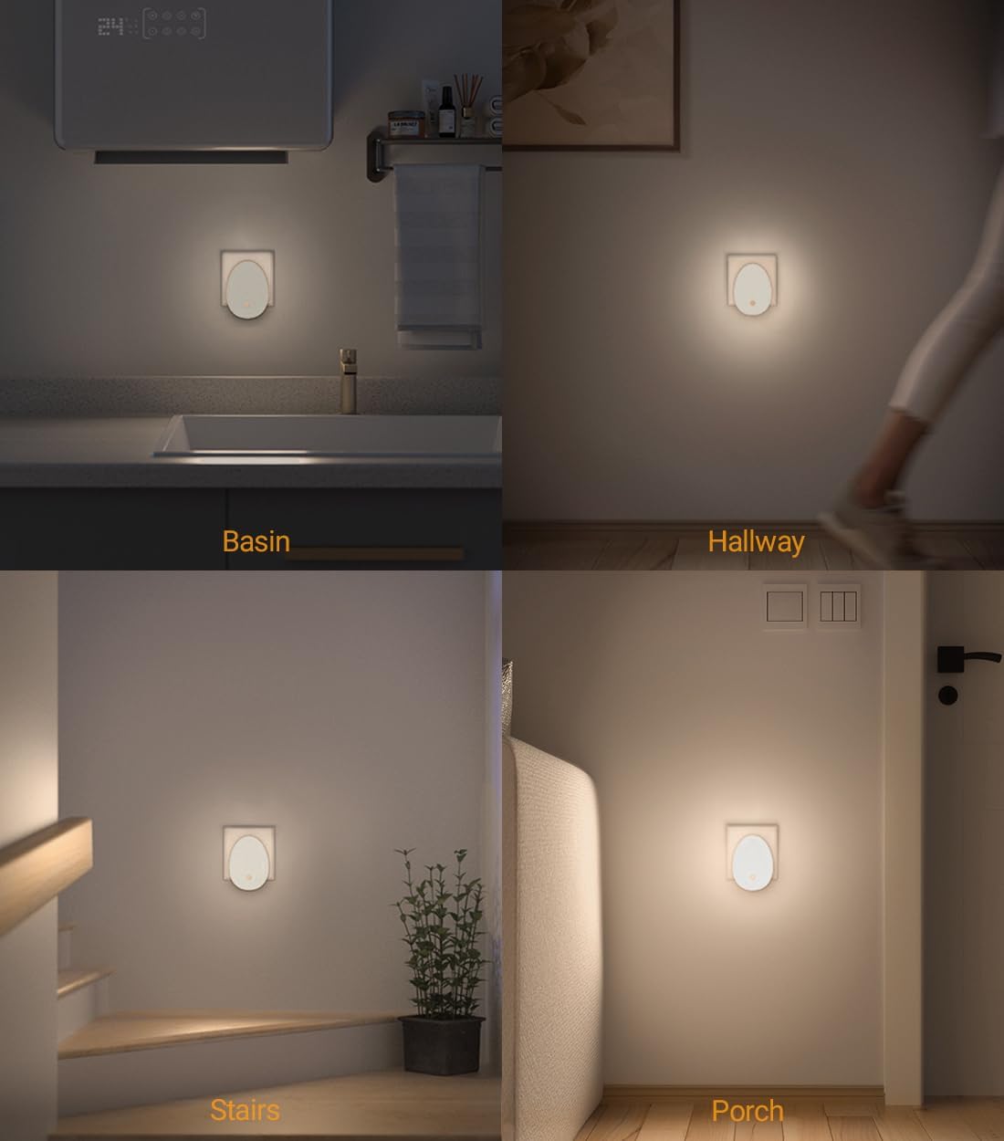 Light fixture in various indoor settings including a basin, hallway, stairs, and porch.