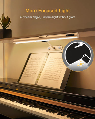 Light fixture on a piano with text about focused light and beam angle.