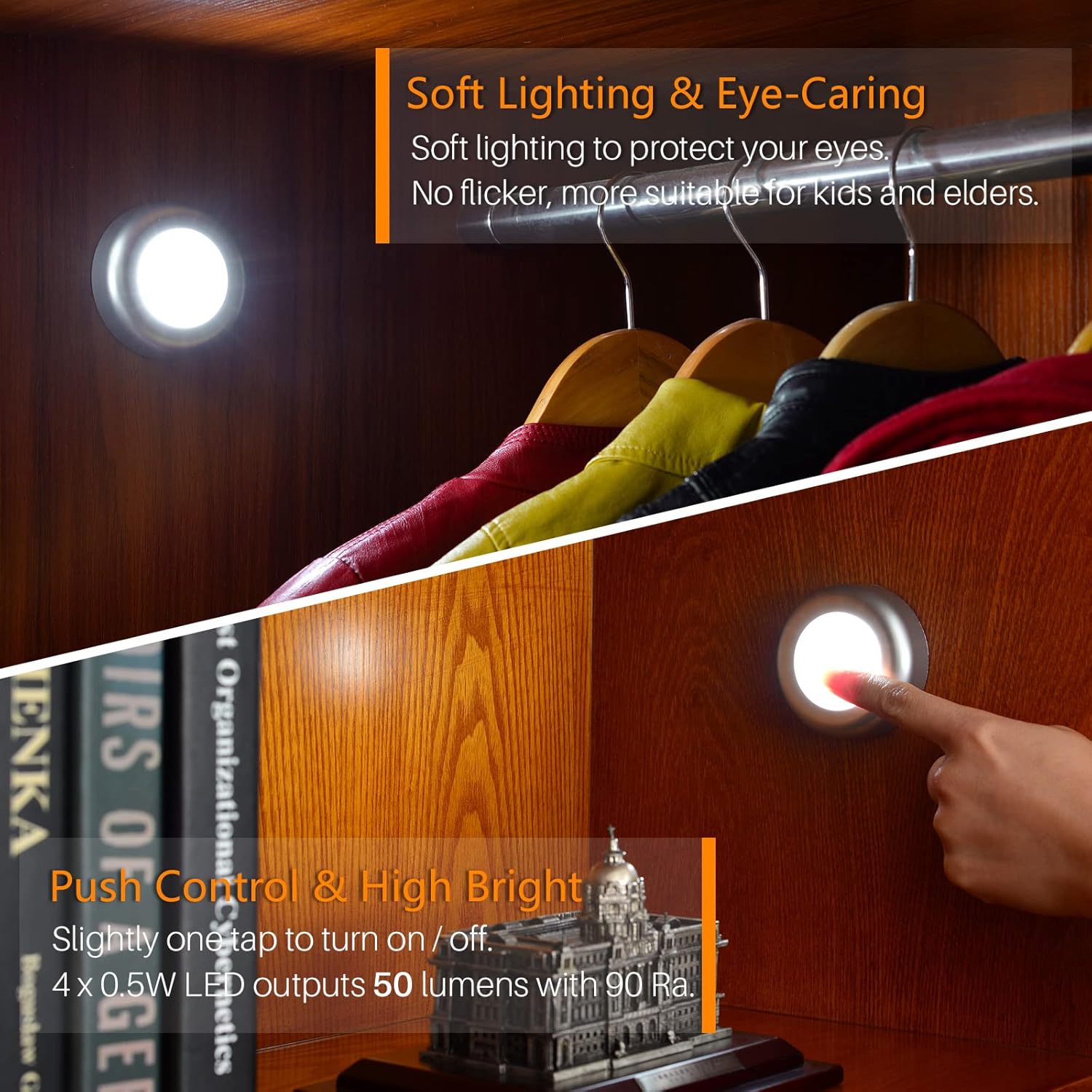 Light fixture on a wooden shelf with books and a model building, highlighting soft lighting and push control feature.
