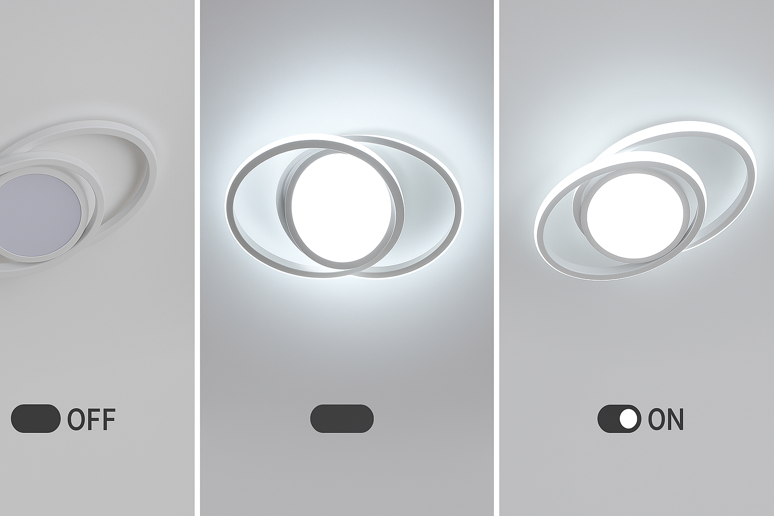 Light fixture showing 'Off', 'On', and a neutral state on a gray background
