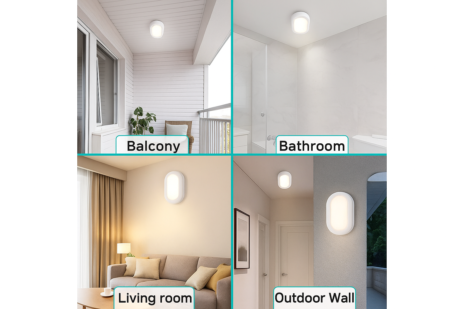 Light fixture shown in different settings: balcony, bathroom, living room, and outdoor wall.