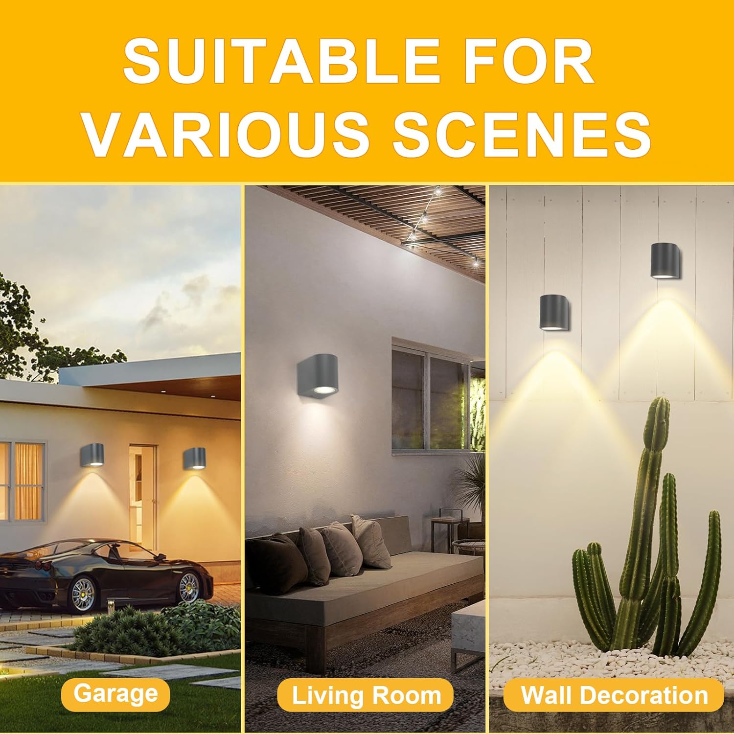 Light fixture shown in various settings including a garage, living room, and wall decoration.