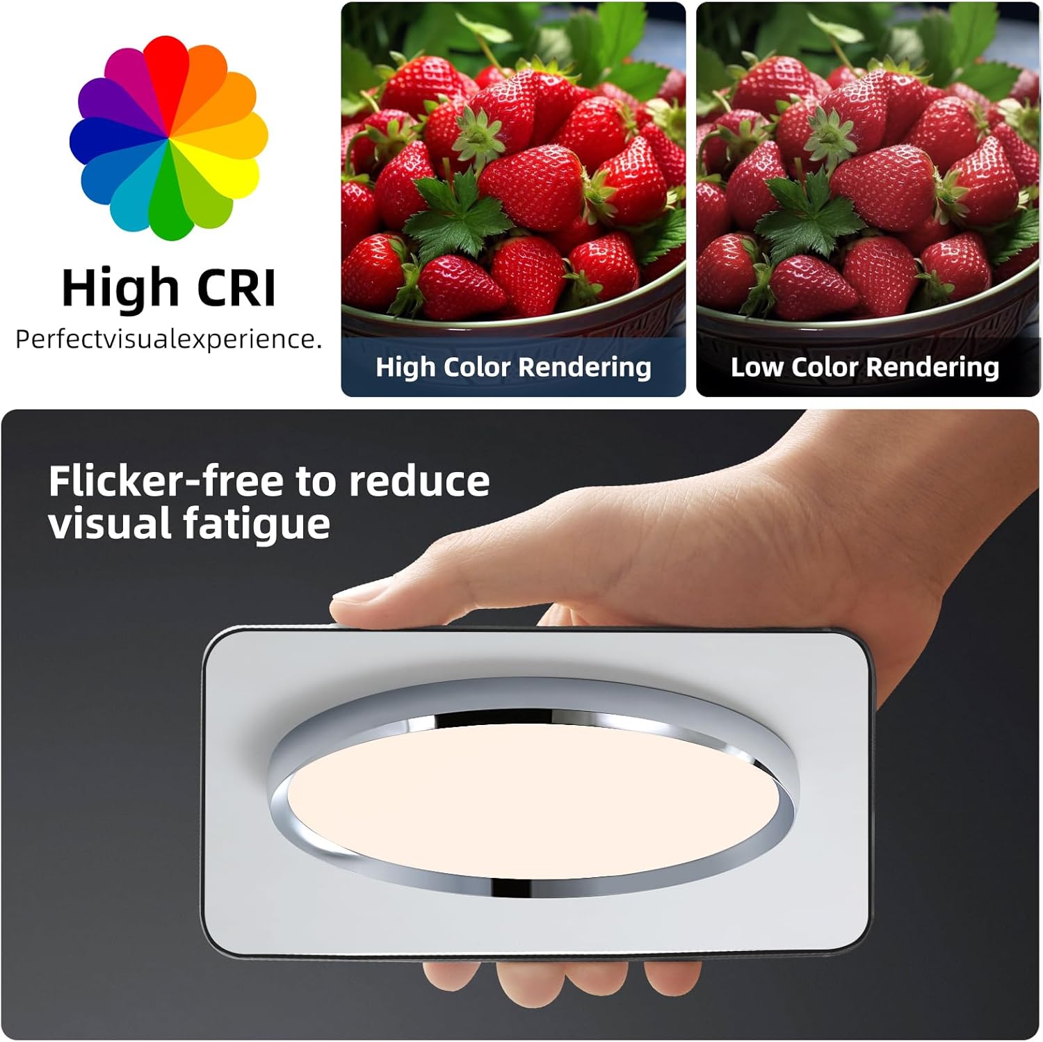 Light fixture with High CRI feature displayed alongside strawberries for color rendering comparison.