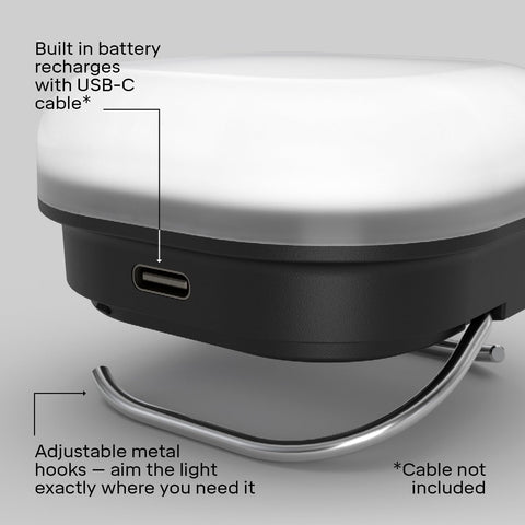 Light fixture with USB-C charging port and adjustable metal hooks on a gray background