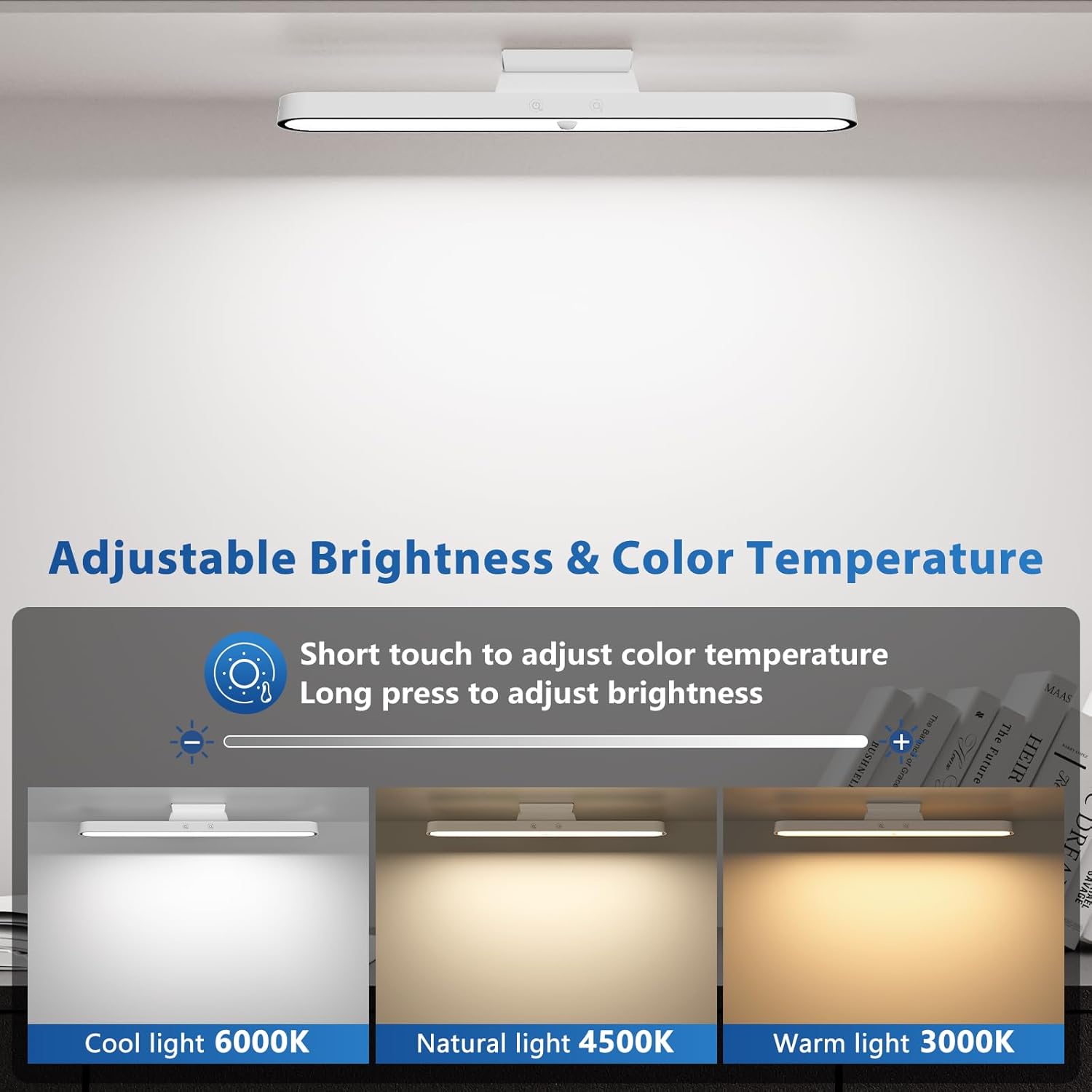 Light fixture with adjustable brightness and color temperature display on a gray background