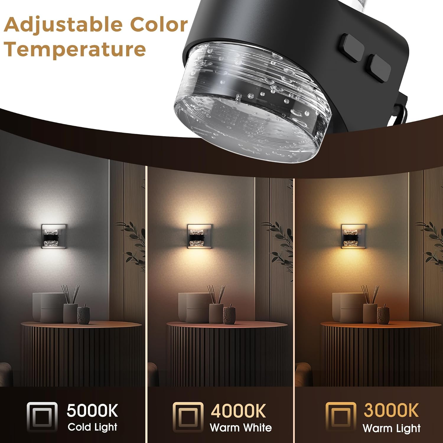 Light fixture with adjustable color temperature options in a room setting.