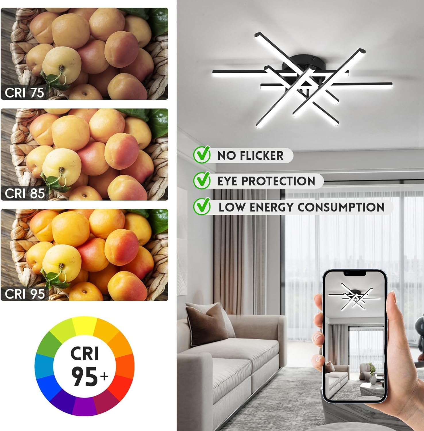 Light fixture with color rendering index (CRI) comparison for fruits and a living room setting.