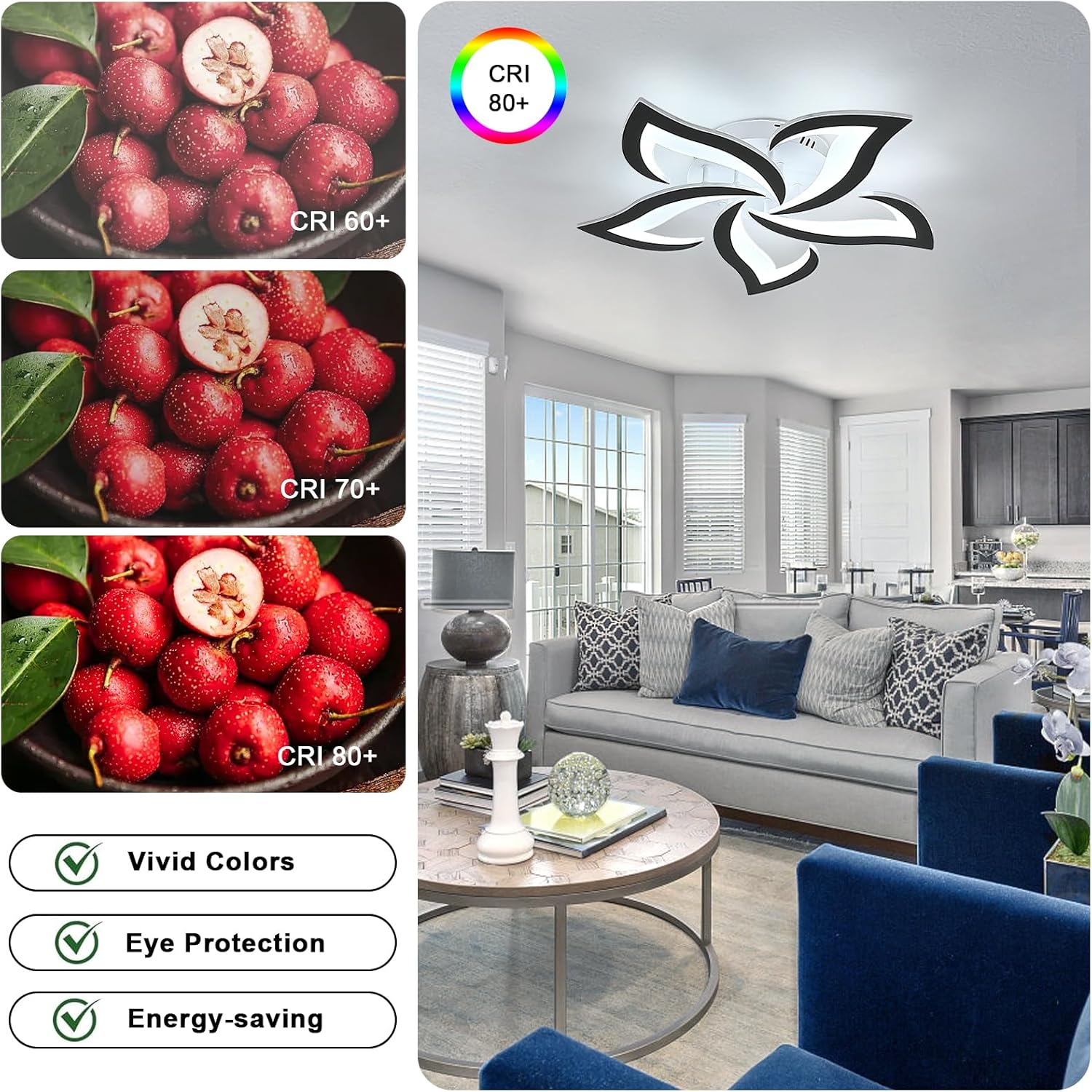 Light fixture with color rendering index (CRI) information and a living room setting.