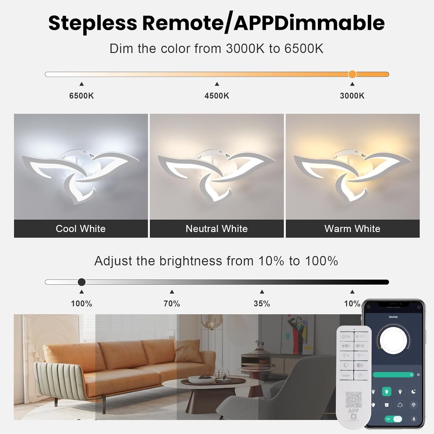 Light fixture with color temperature and brightness adjustment options, shown in a living room setting.