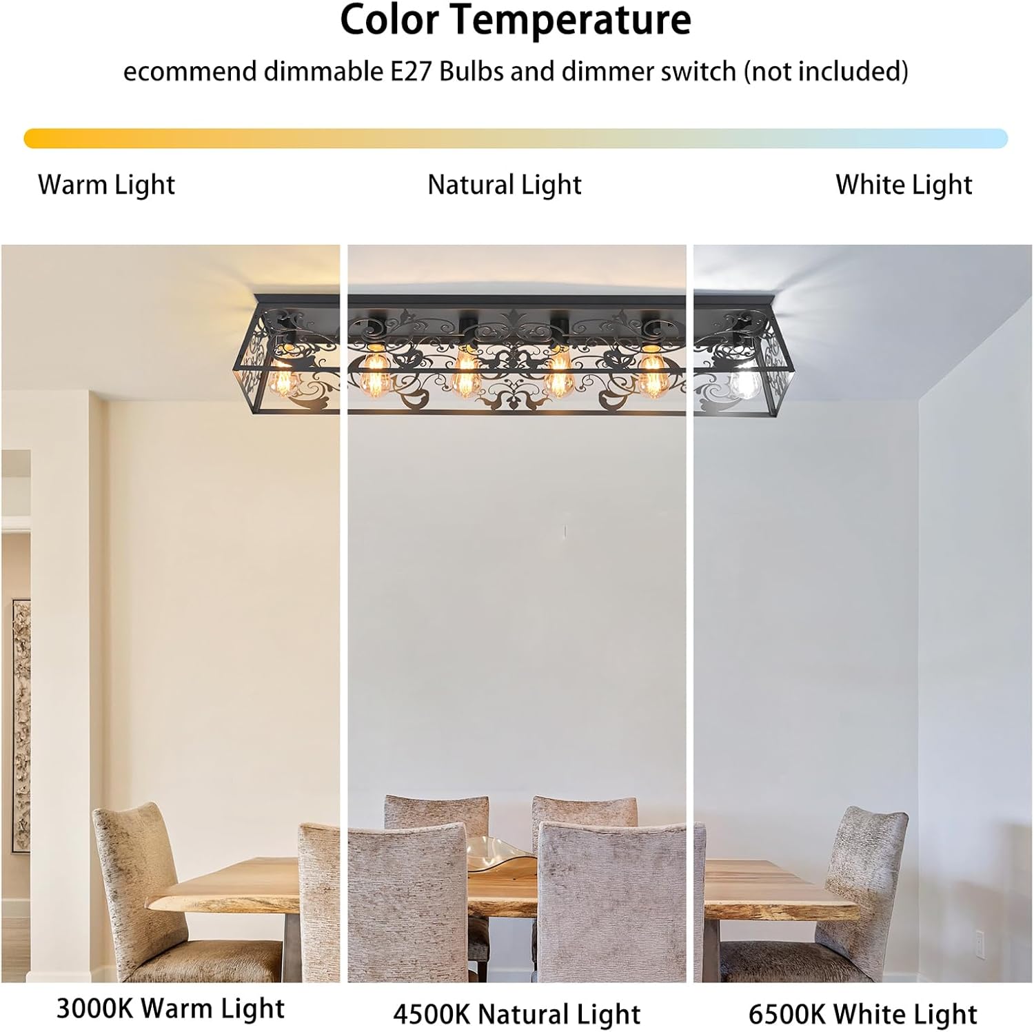 Light fixture with color temperature options displayed on a dining room setting.