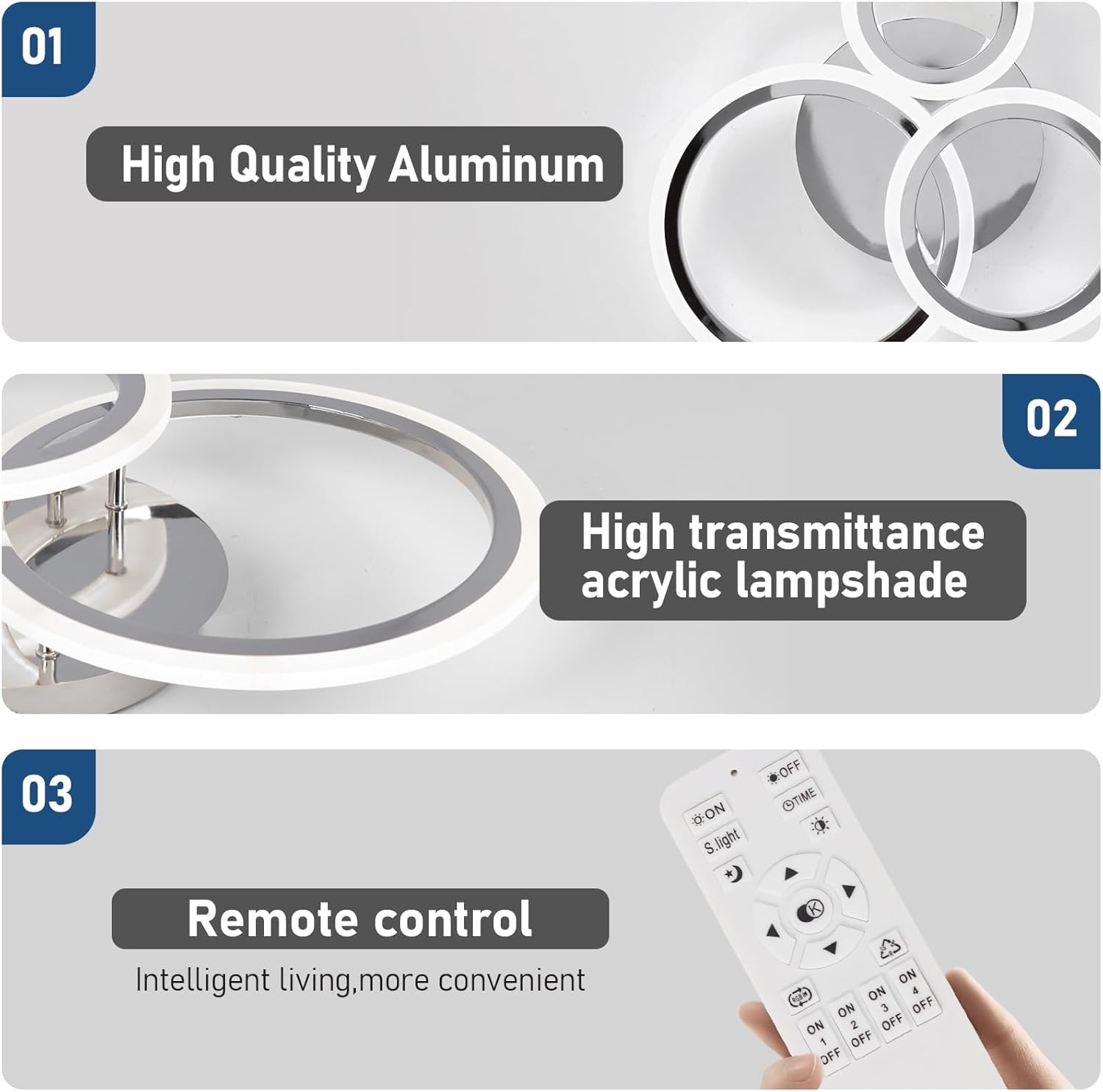 Light fixture with high-quality aluminum construction, high-transmittance acrylic lampshade, and remote control.