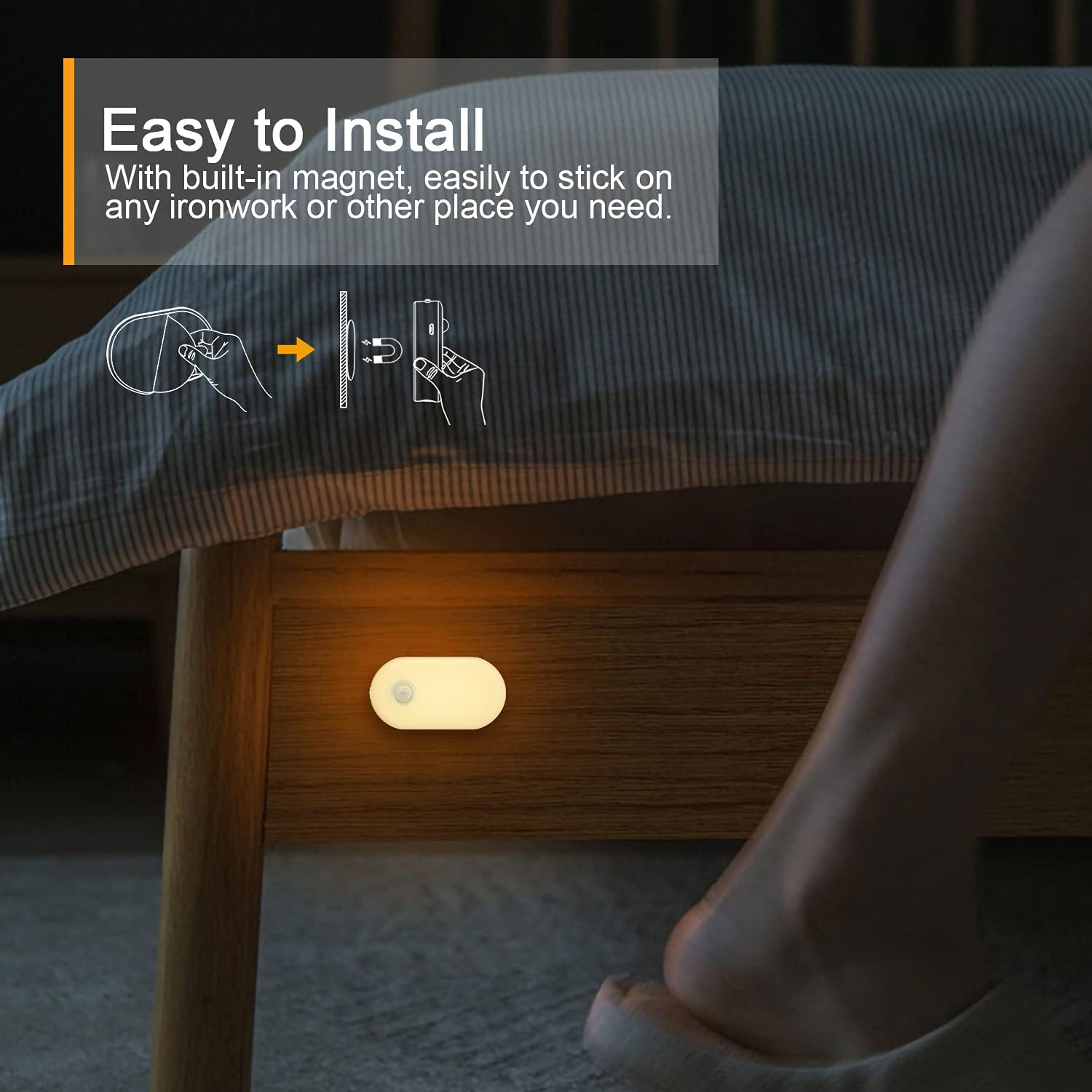 Light fixture with magnet on a wooden surface, text indicating ease of installation.