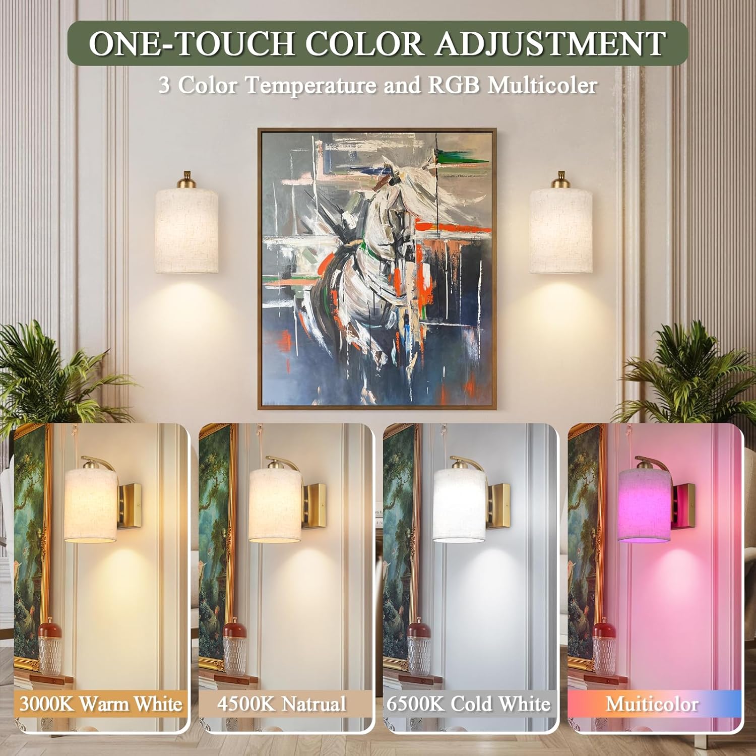 Light fixture with one-touch color adjustment feature displayed in a room setting.