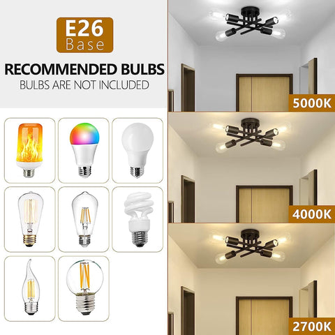 Light fixture with recommended bulbs for different color temperatures displayed.