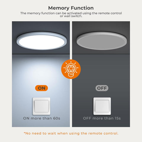 Light fixture with remote control and wall switch illustration, highlighting memory function.