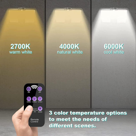 Light fixture with remote control displaying three color temperature options on a gray background.