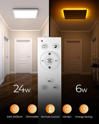 Light fixture with remote control showing energy consumption and features in a room setting.