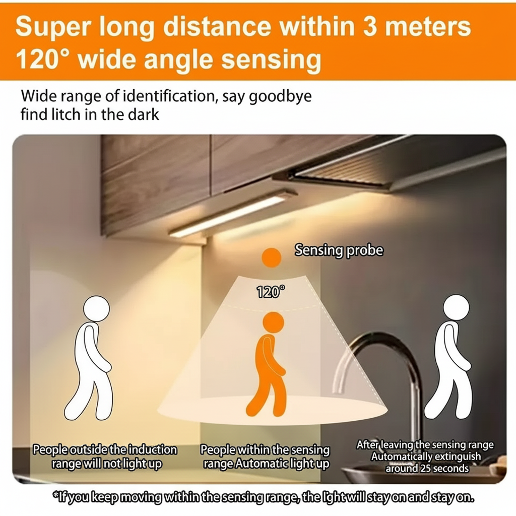 Light fixture with sensing probe and wide-angle light projection, highlighting its features.