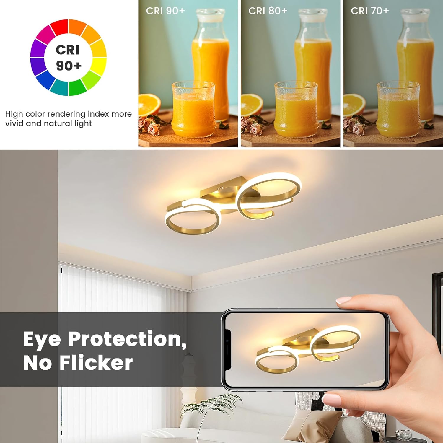 Light fixture with smartphone displaying its features, surrounded by images of orange juice and a color rendering index chart.