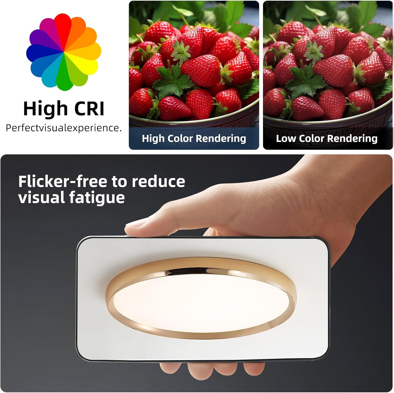 Light fixture with strawberries showing high and low color rendering, and text about flicker-free design.