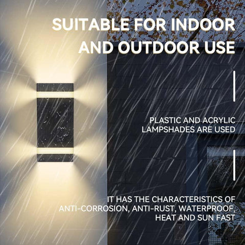 Light fixture with text about suitability for indoor and outdoor use, material used, and product features.
