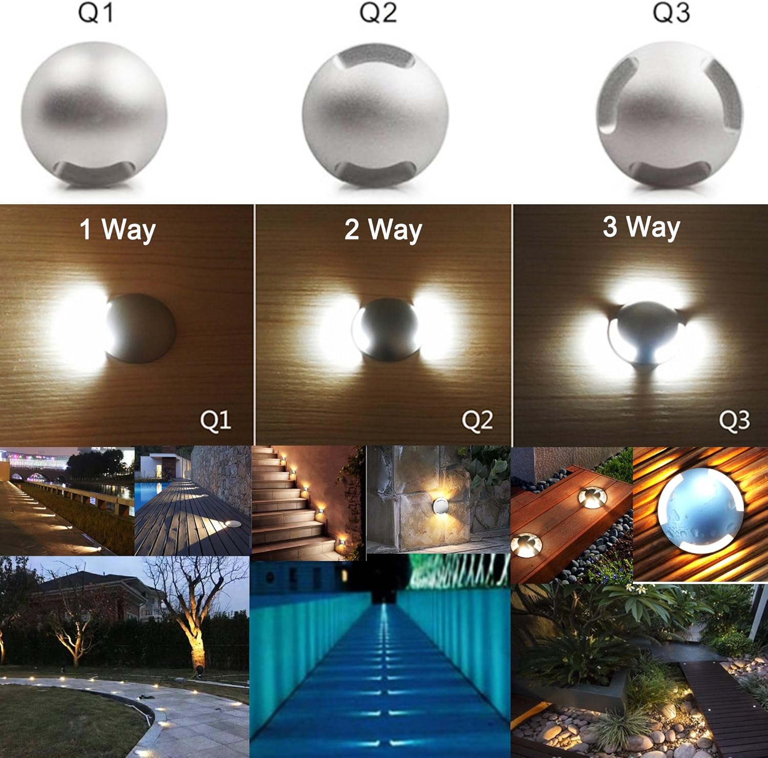 Light fixture with different connection options and outdoor installation examples.