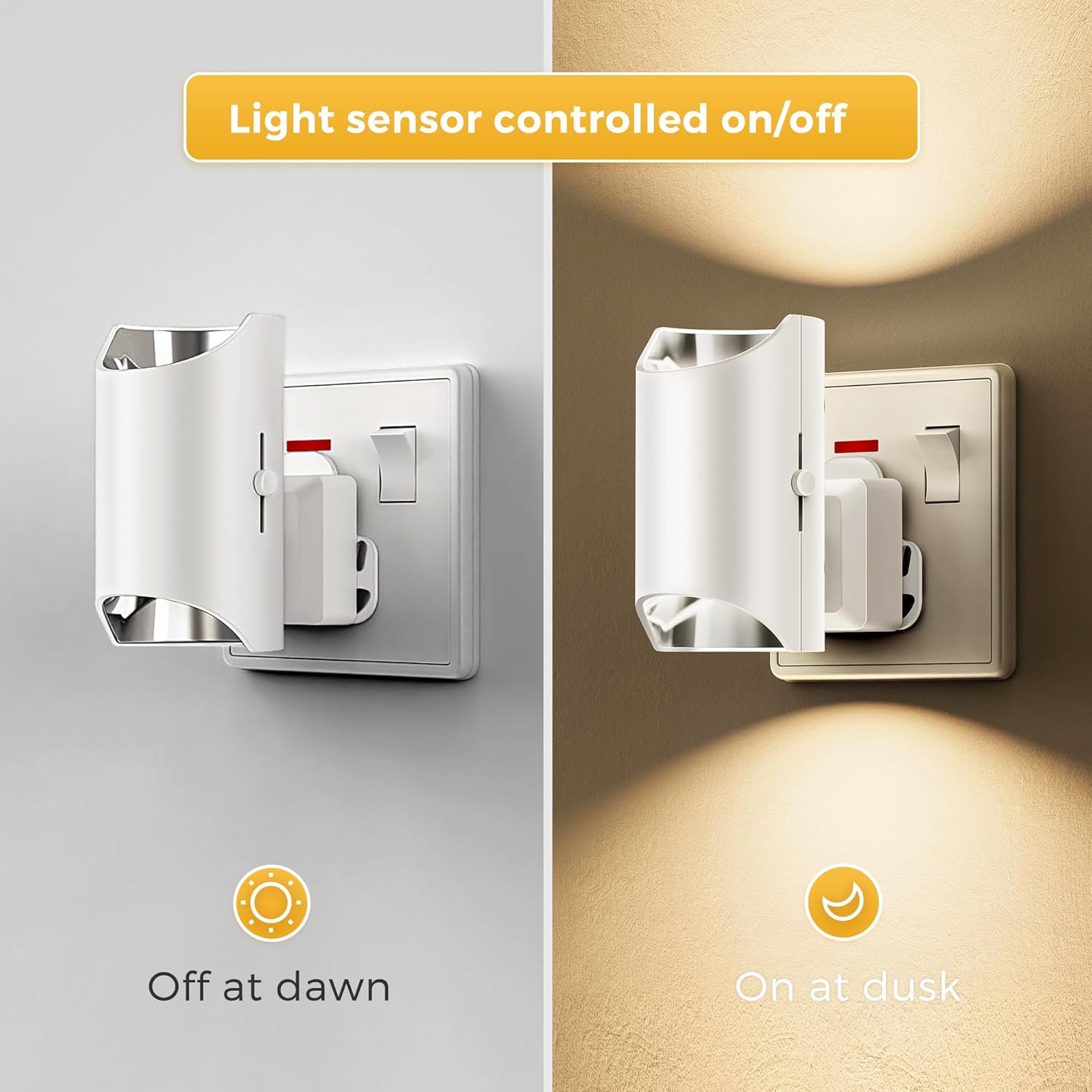 Light sensor-controlled wall switch with on/off feature, showing light activation at dusk.