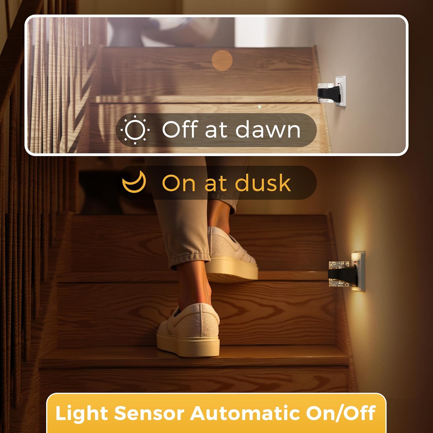 Light sensor control panel on a staircase with 'Off at dawn' and 'On at dusk' labels.