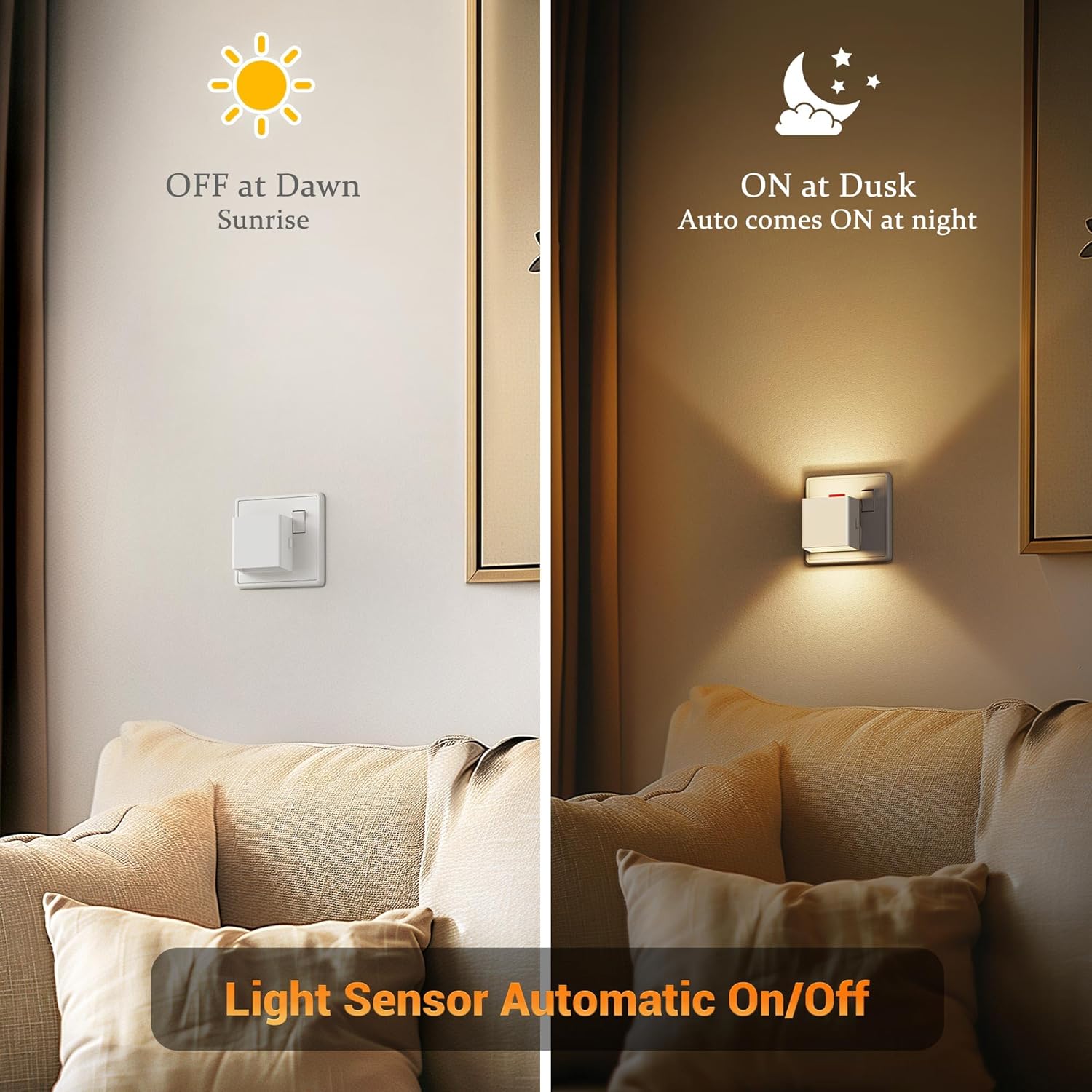 Light sensor control panel with 'Off at Dawn' and 'On at Dusk' labels in a living room setting.