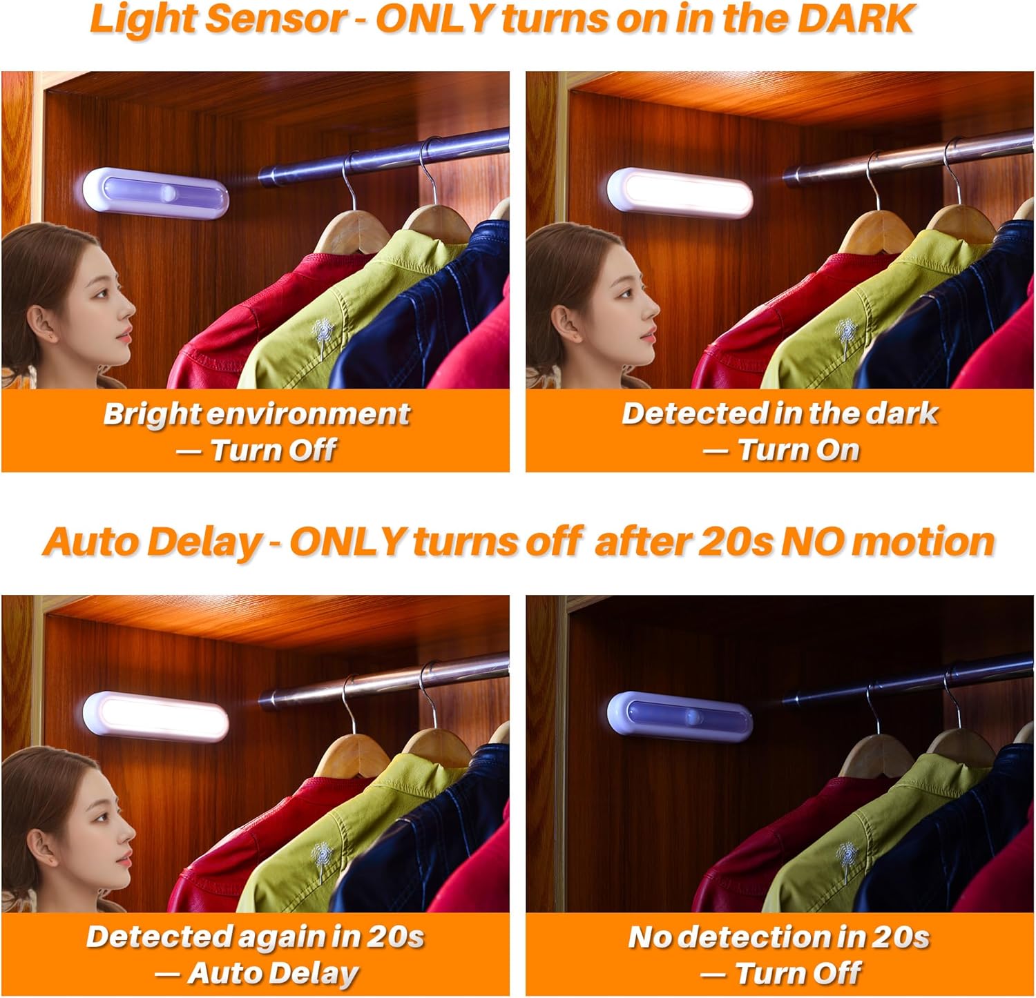 Light sensor lamp turns on in the dark and off after 20 seconds of no motion, with a woman looking at clothes on hangers.