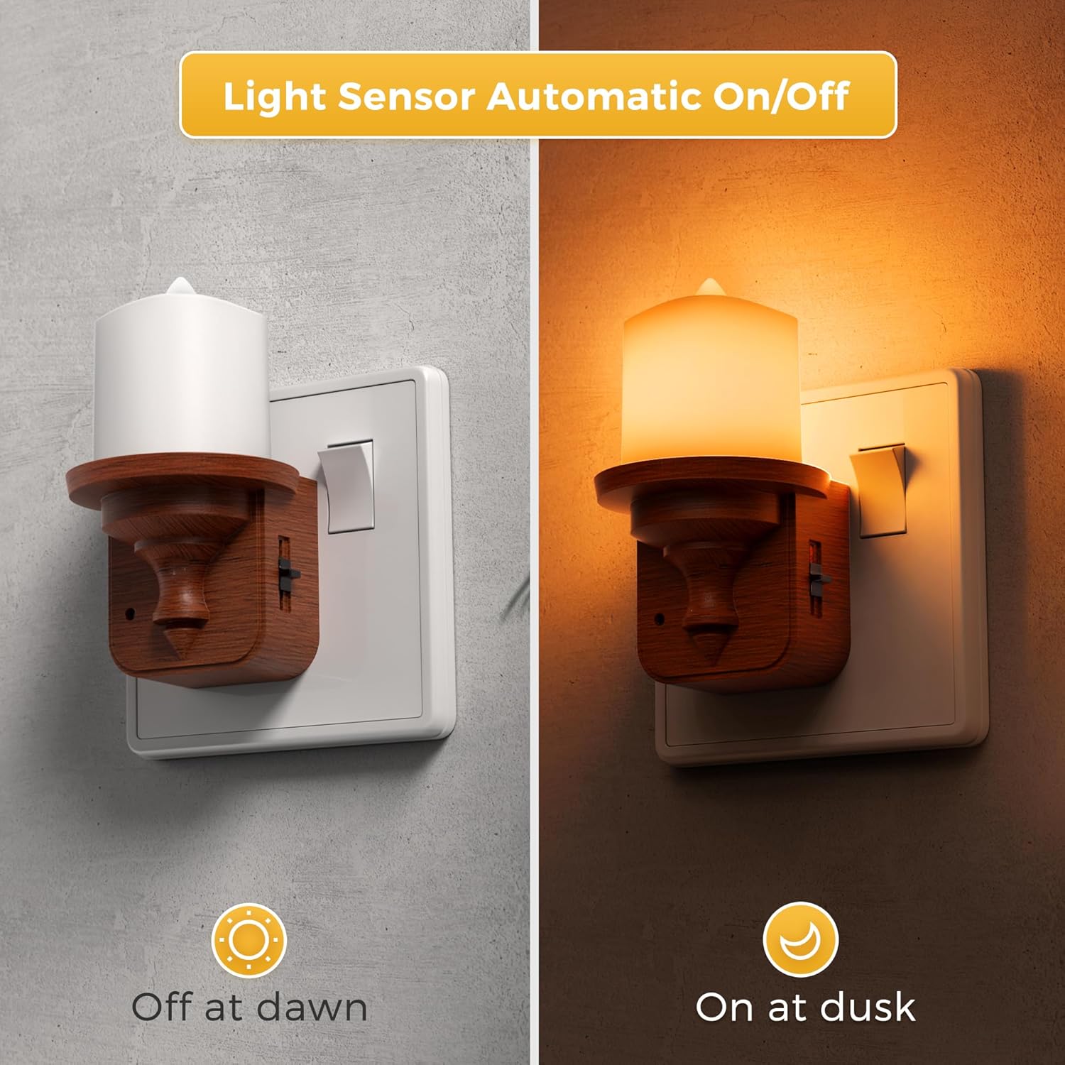 Light sensor night light switch on a wall with text indicating automatic on/off functionality.
