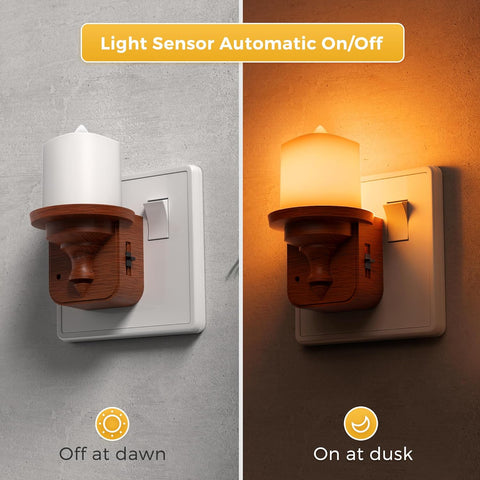 Light sensor night light switch on a wall with text indicating automatic on/off functionality.