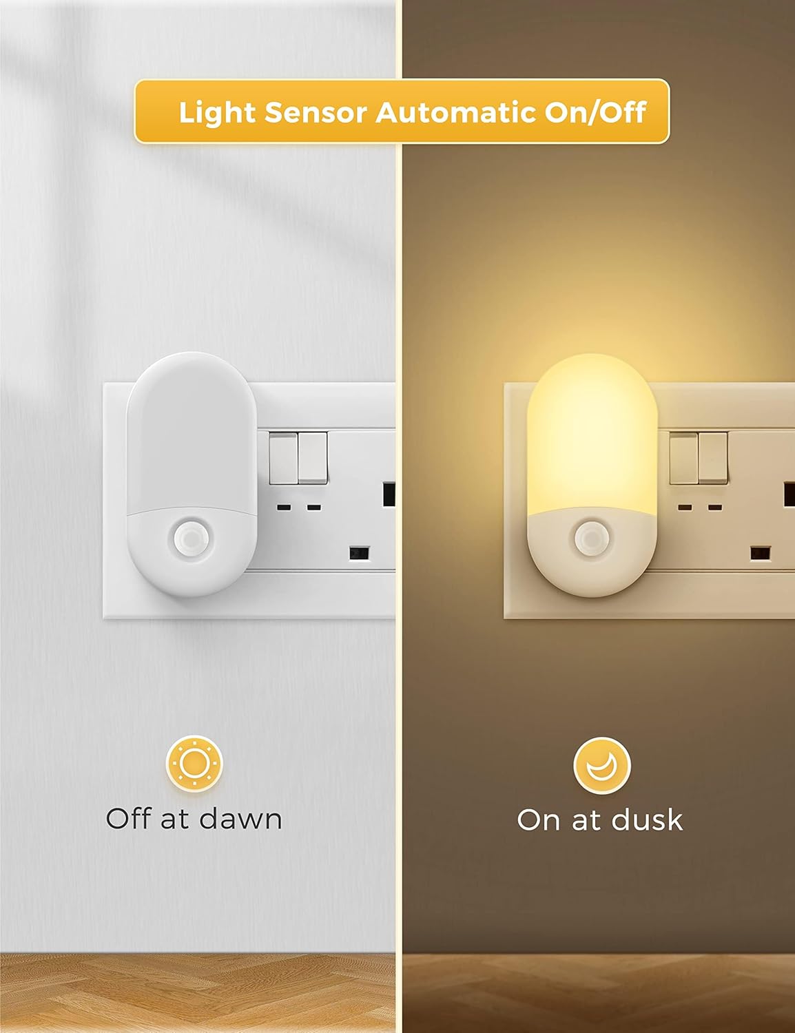 Light sensor night light switch with automatic on/off feature on a wall.