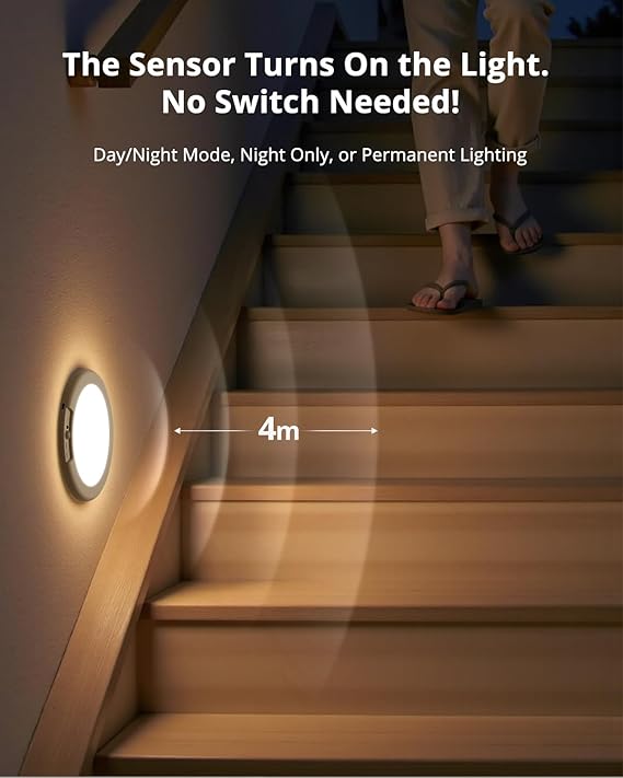 Light sensor on a staircase with text about its features