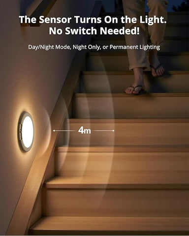 Light sensor on a staircase with text about its features