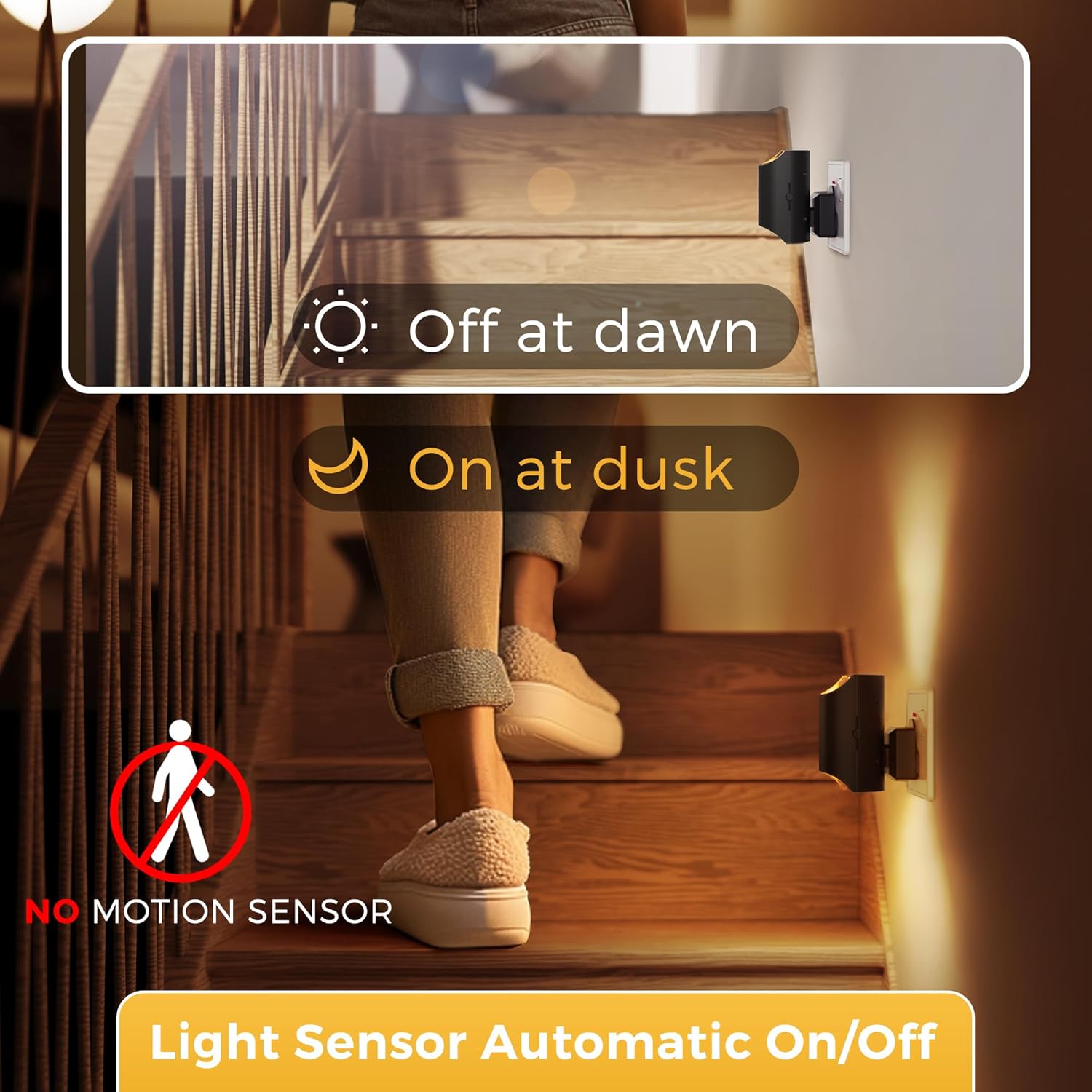 Light sensor on a wall with text indicating 'Off at dawn' and 'On at dusk', and a person walking up stairs.