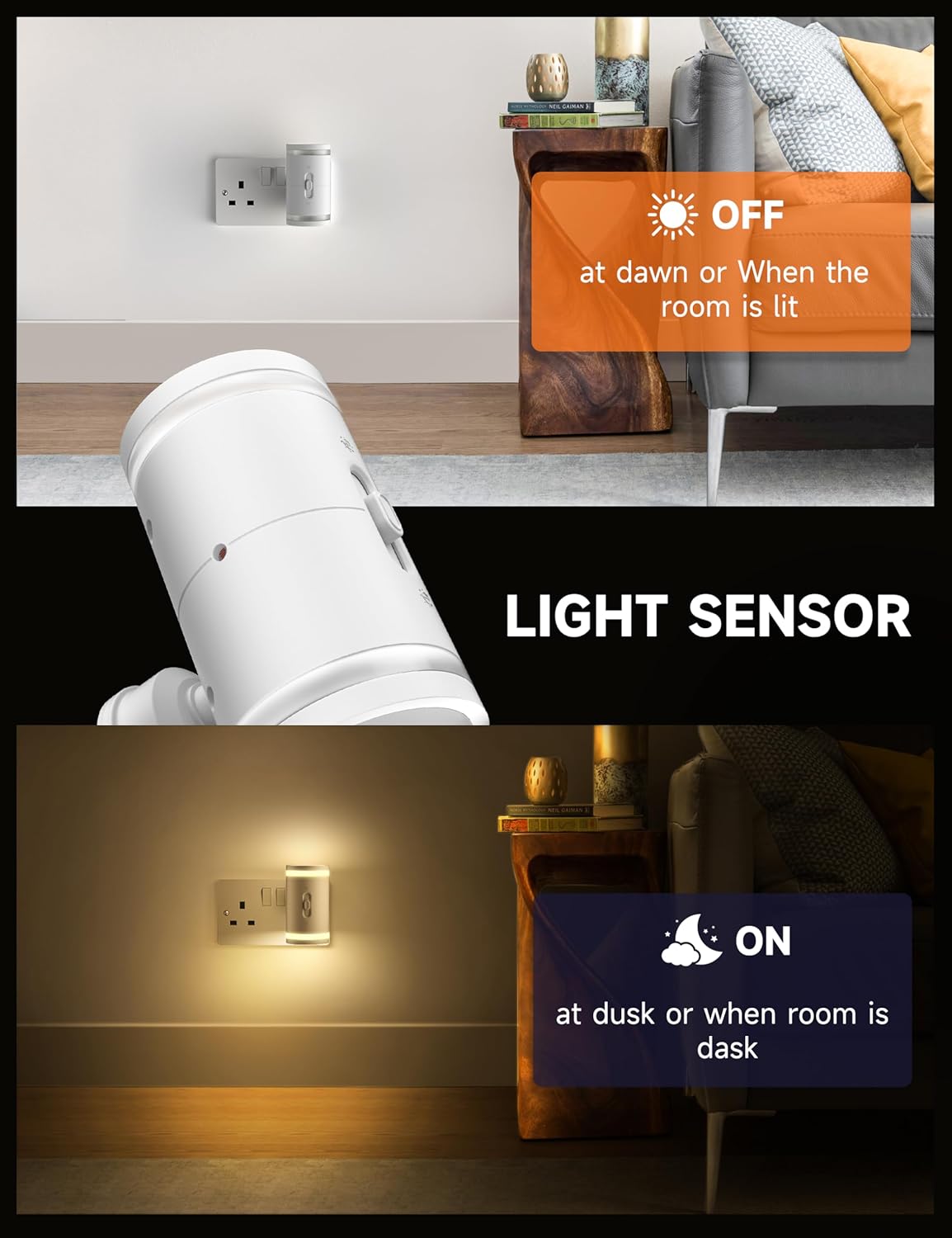 Light sensor switch with 'OFF' and 'ON' labels indicating its functionality.