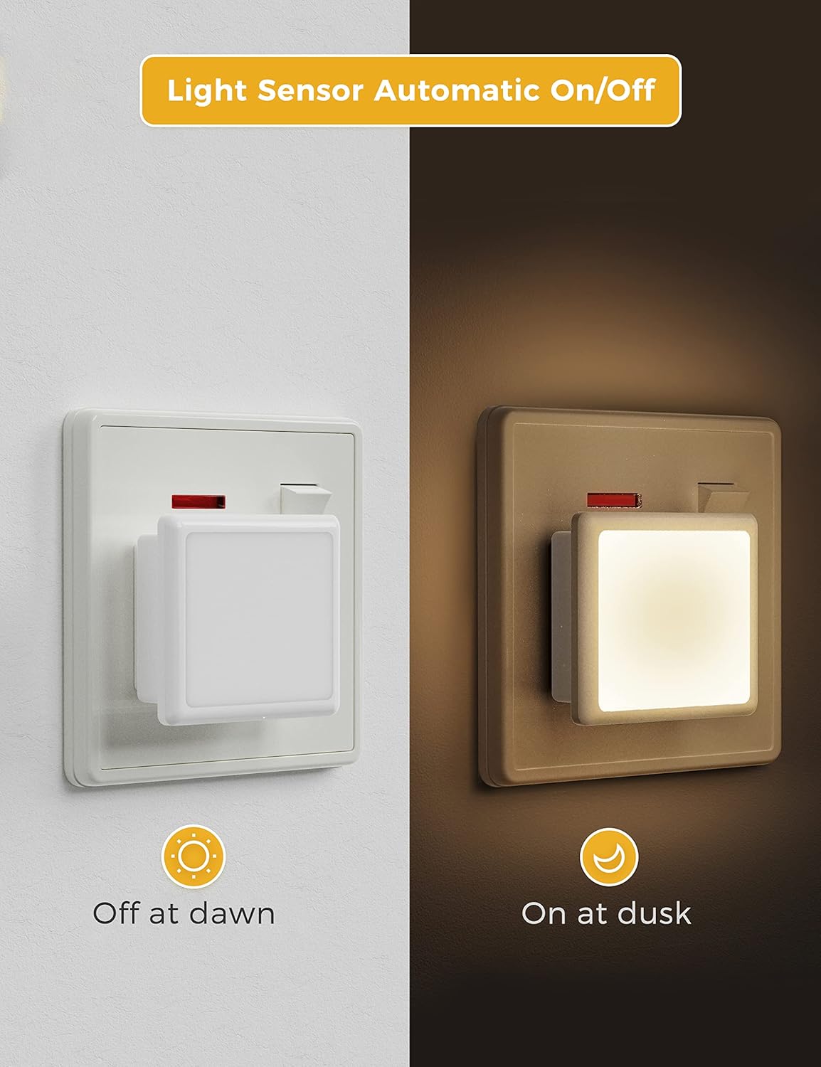 Light sensor switch with 'Off at dawn' and 'On at dusk' functionality on a gray and brown background.
