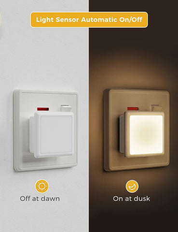 Light sensor switch with 'Off at dawn' and 'On at dusk' functionality on a gray and brown background.