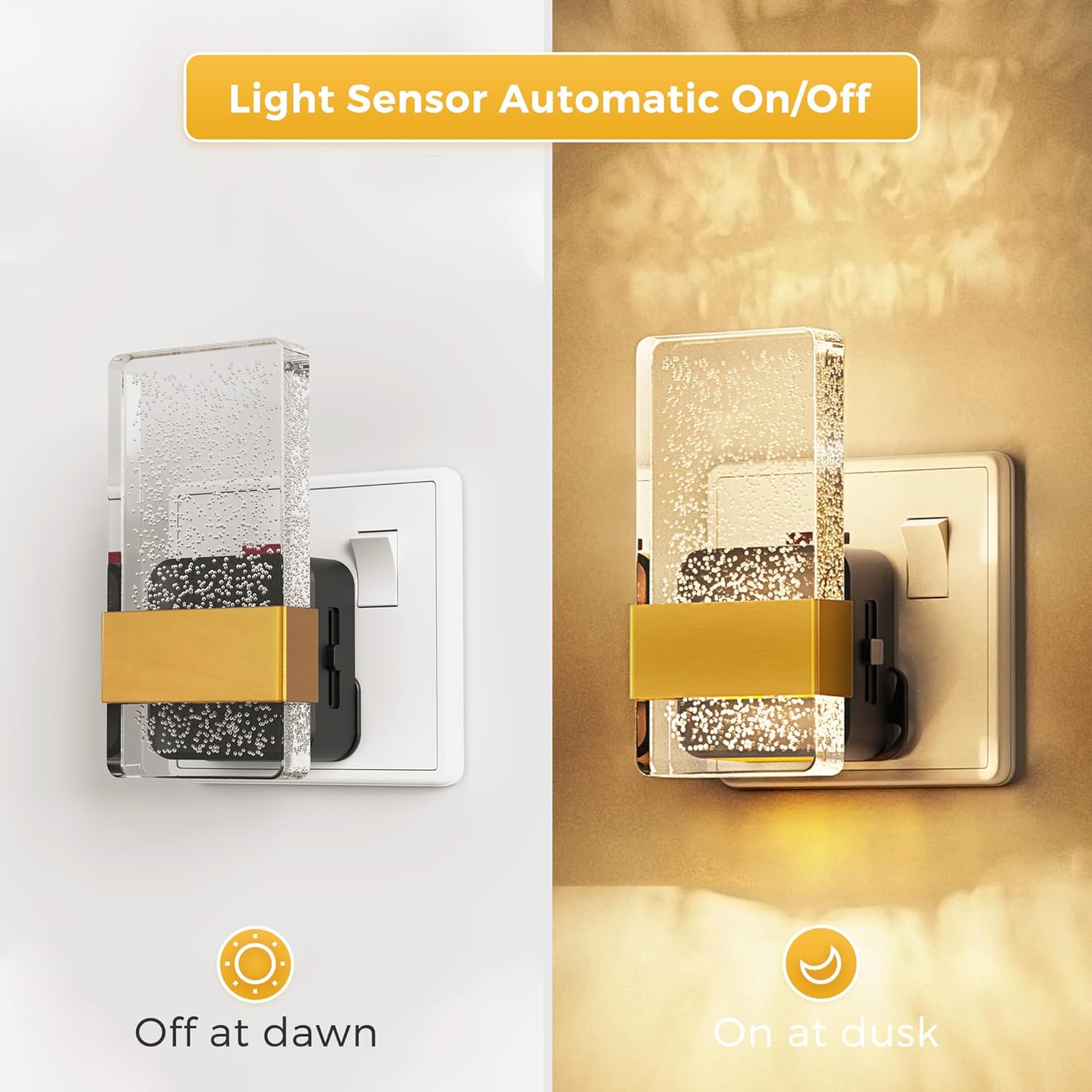 Light sensor switch with crystal design on a white and gold background