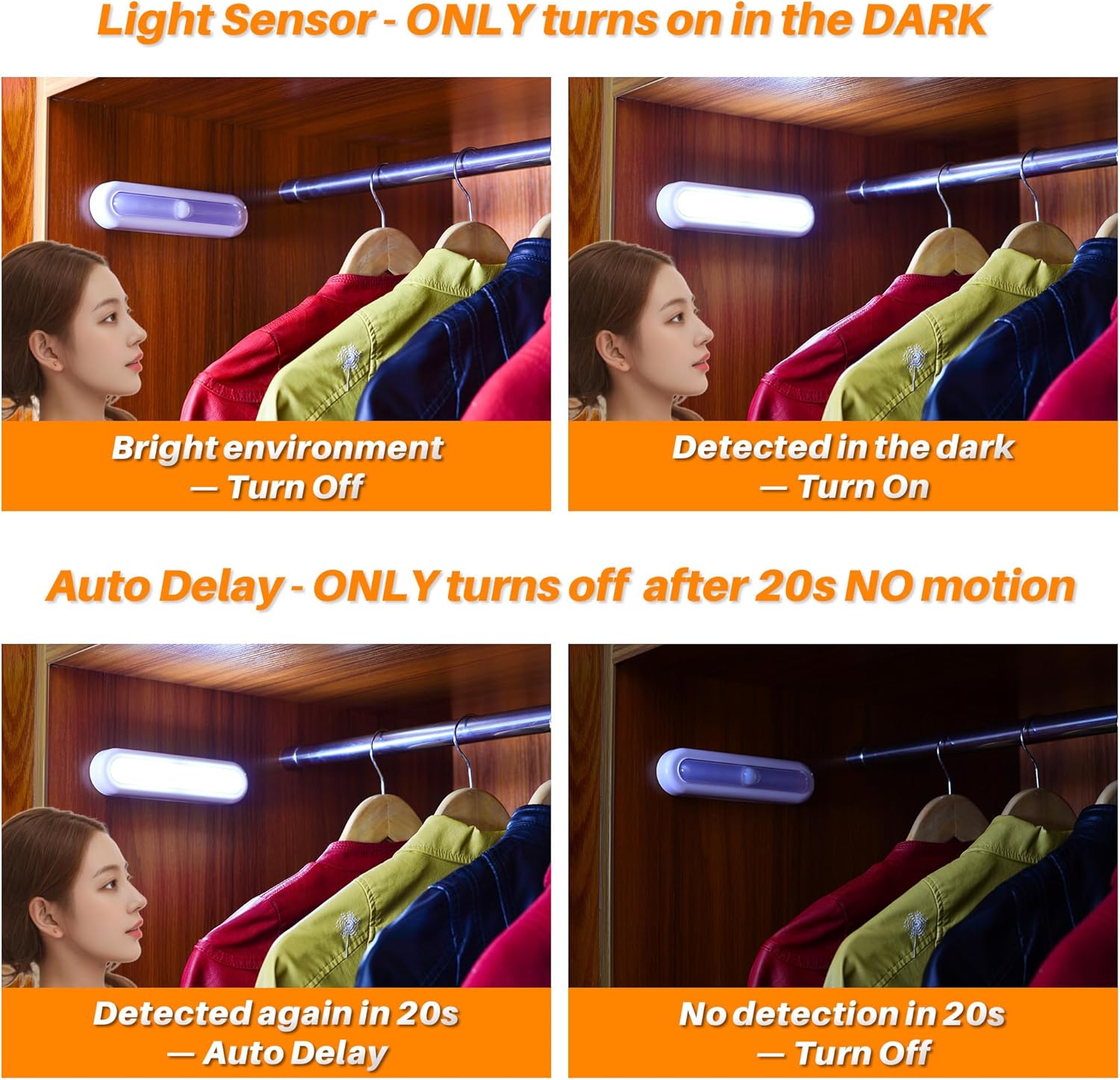 Light sensor turns on in dark and off after 20 seconds of no motion, with a woman looking at clothes on hangers.