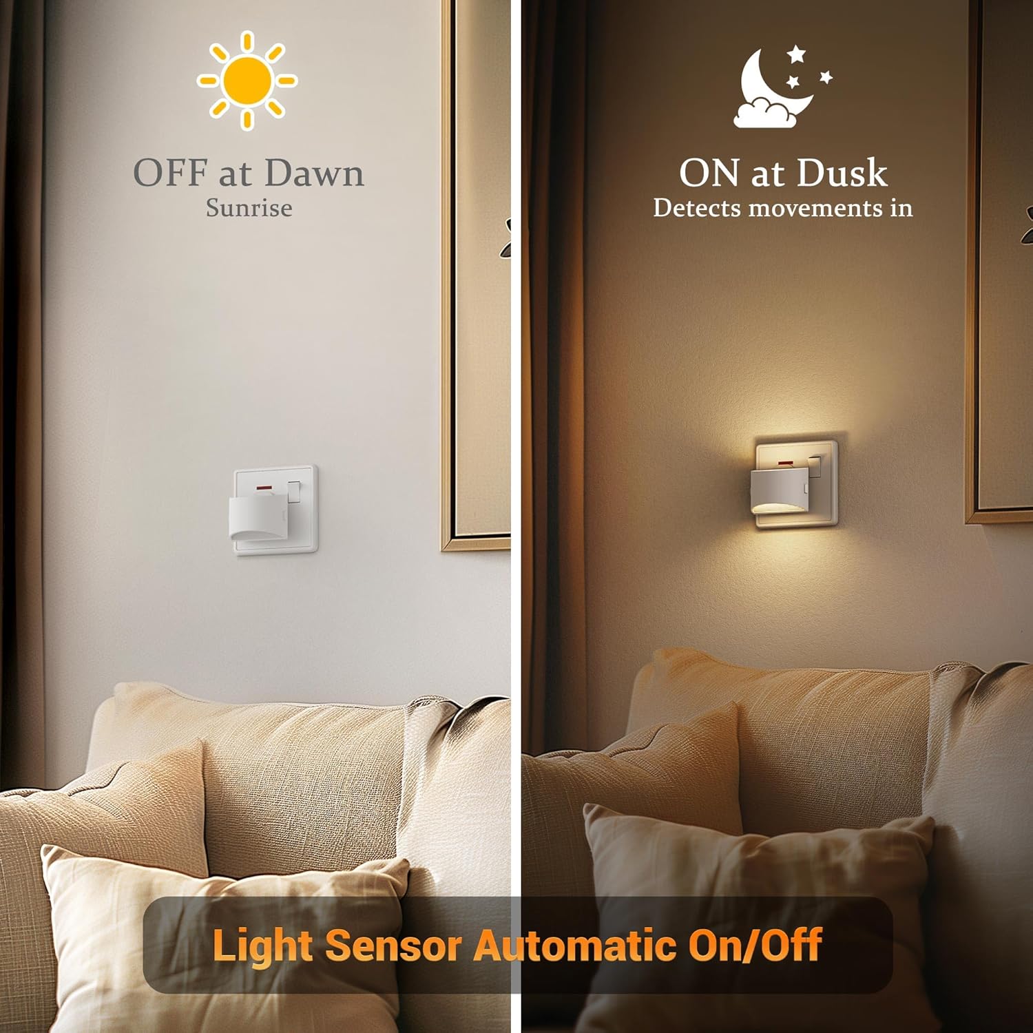 Light sensor wall fixture with 'Off at Dawn' and 'On at Dusk' features in a living room setting.