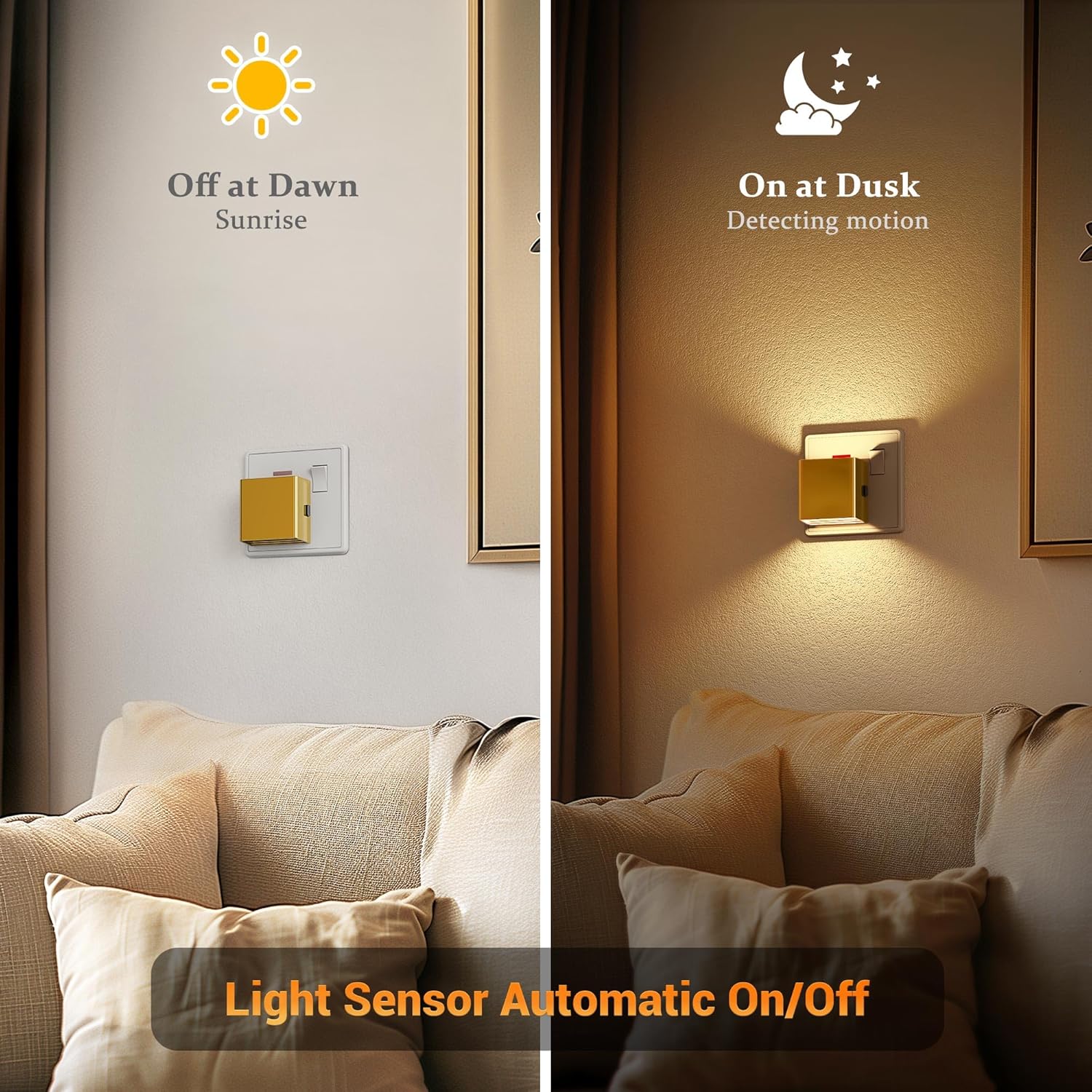 Light sensor wall lamp in a living room setting with 'Off at Dawn' and 'On at Dusk' labels.