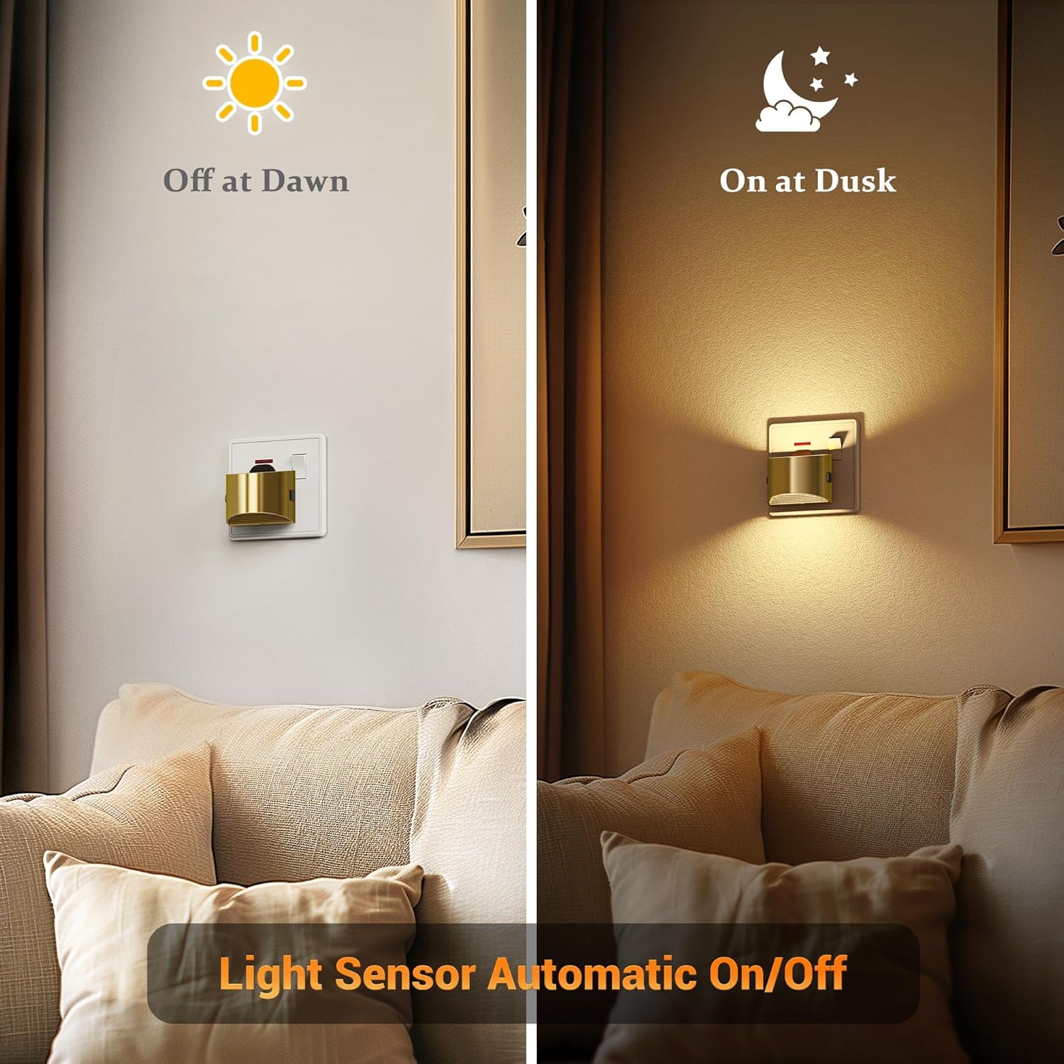 Light sensor wall lamp in a living room setting with 'Off at Dawn' and 'On at Dusk' labels.